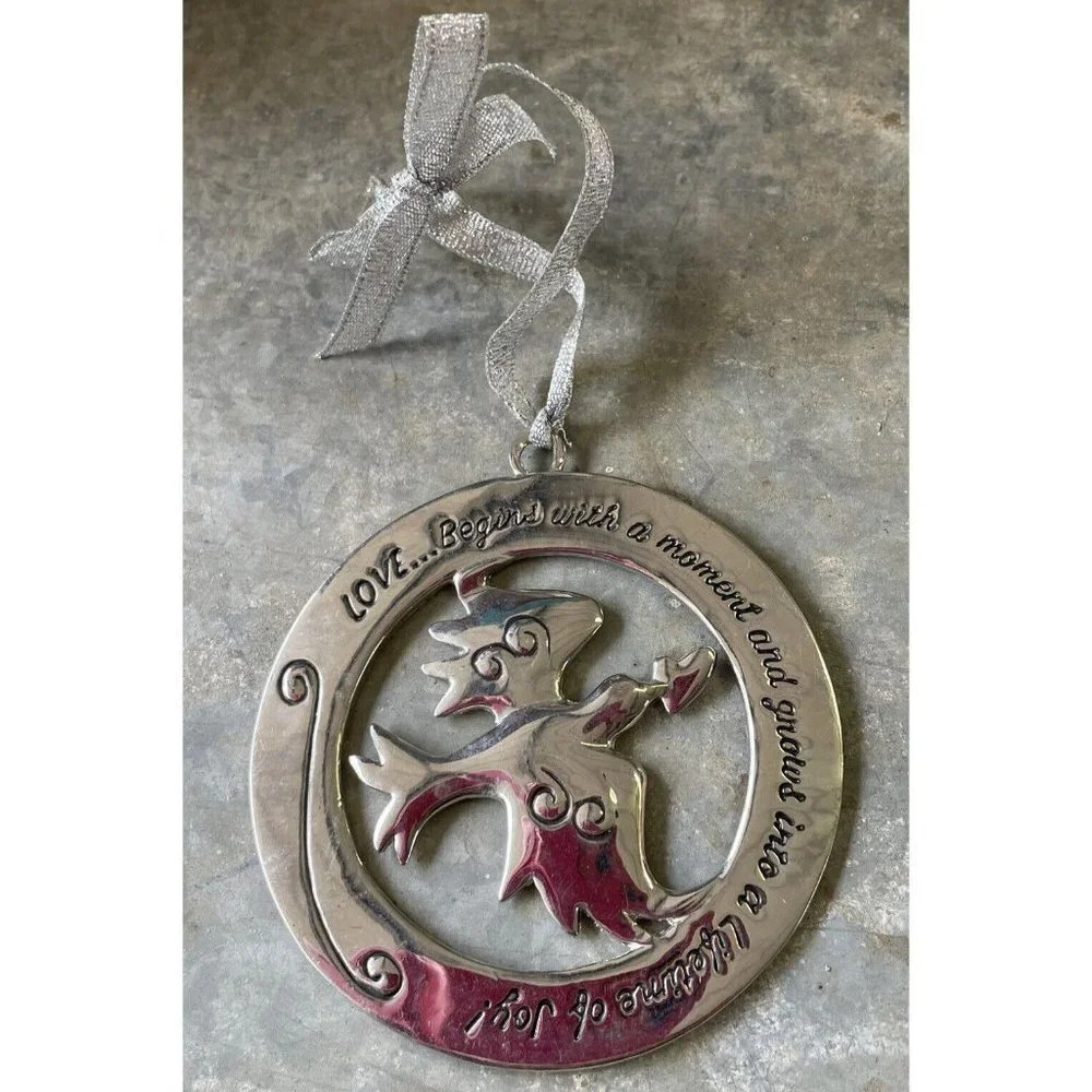Silver Tone Heart Dove Bird Love Christmas Ornament Decor‎